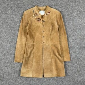 Margaret Godfrey Tan Suede Leather Coat Women’s 6 Embroidered Florals Mid Length